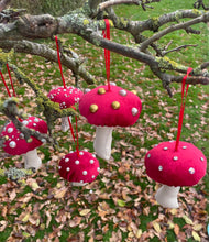 Load image into Gallery viewer, Red velvet Decorative toadstools, Christmas tree decorations, festive decor, garland decorations.