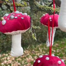 Load image into Gallery viewer, Red velvet Decorative toadstools, Christmas tree decorations, festive decor, garland decorations.