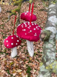 Red velvet Decorative toadstools, Christmas tree decorations, festive decor, garland decorations.