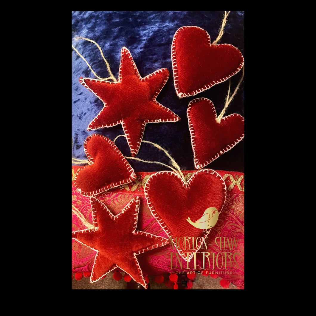 Red velvet Christmas decorations stars and hearts