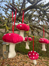 Load image into Gallery viewer, Red velvet Decorative toadstools, Christmas tree decorations, festive decor, garland decorations.