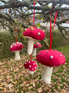 Red velvet Decorative toadstools, Christmas tree decorations, festive decor, garland decorations.