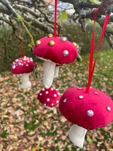 Red velvet Decorative toadstools, Christmas tree decorations, festive decor, garland decorations.