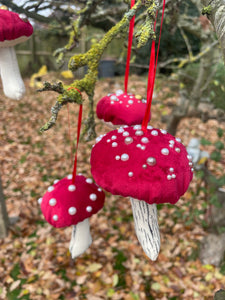 Red velvet Decorative toadstools, Christmas tree decorations, festive decor, garland decorations.