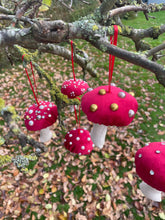 Load image into Gallery viewer, Red velvet Decorative toadstools, Christmas tree decorations, festive decor, garland decorations.