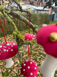 Red velvet Decorative toadstools, Christmas tree decorations, festive decor, garland decorations.