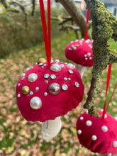 Load image into Gallery viewer, Red velvet Decorative toadstools, Christmas tree decorations, festive decor, garland decorations.