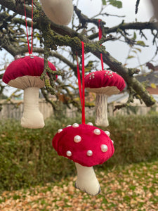 Red velvet Decorative toadstools, Christmas tree decorations, festive decor, garland decorations.