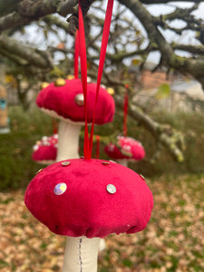 Red velvet Decorative toadstools, Christmas tree decorations, festive decor, garland decorations.