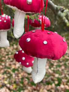 Red velvet Decorative toadstools, Christmas tree decorations, festive decor, garland decorations.