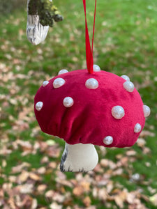 Red velvet Decorative toadstools, Christmas tree decorations, festive decor, garland decorations.