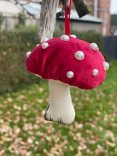 Load image into Gallery viewer, Red velvet Decorative toadstools, Christmas tree decorations, festive decor, garland decorations.