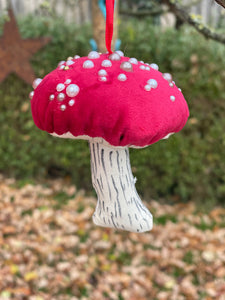 Red velvet Decorative toadstools, Christmas tree decorations, festive decor, garland decorations.