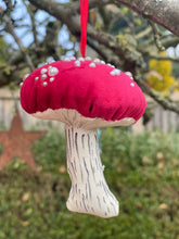 Load image into Gallery viewer, Red velvet Decorative toadstools, Christmas tree decorations, festive decor, garland decorations.
