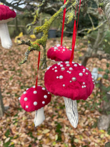Red velvet Decorative toadstools, Christmas tree decorations, festive decor, garland decorations.